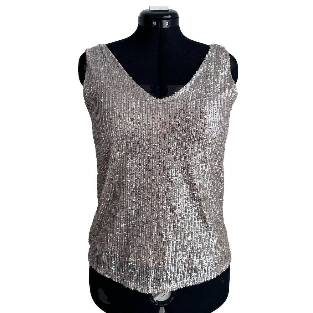 Simply Styled Champagne Sequin V-Neck Camisole Tank Women's Size Petite Medium